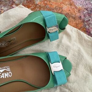Salvatore Ferragamo Mint Green Peep Toe Flats US 7.5